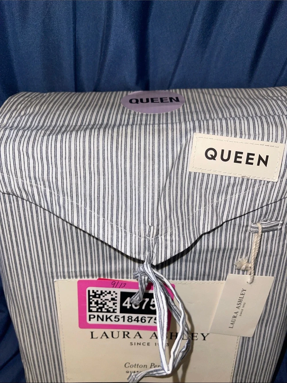 Laura Ashley Blue and White Pinstripe Cotton Percale Queen Sheet Set